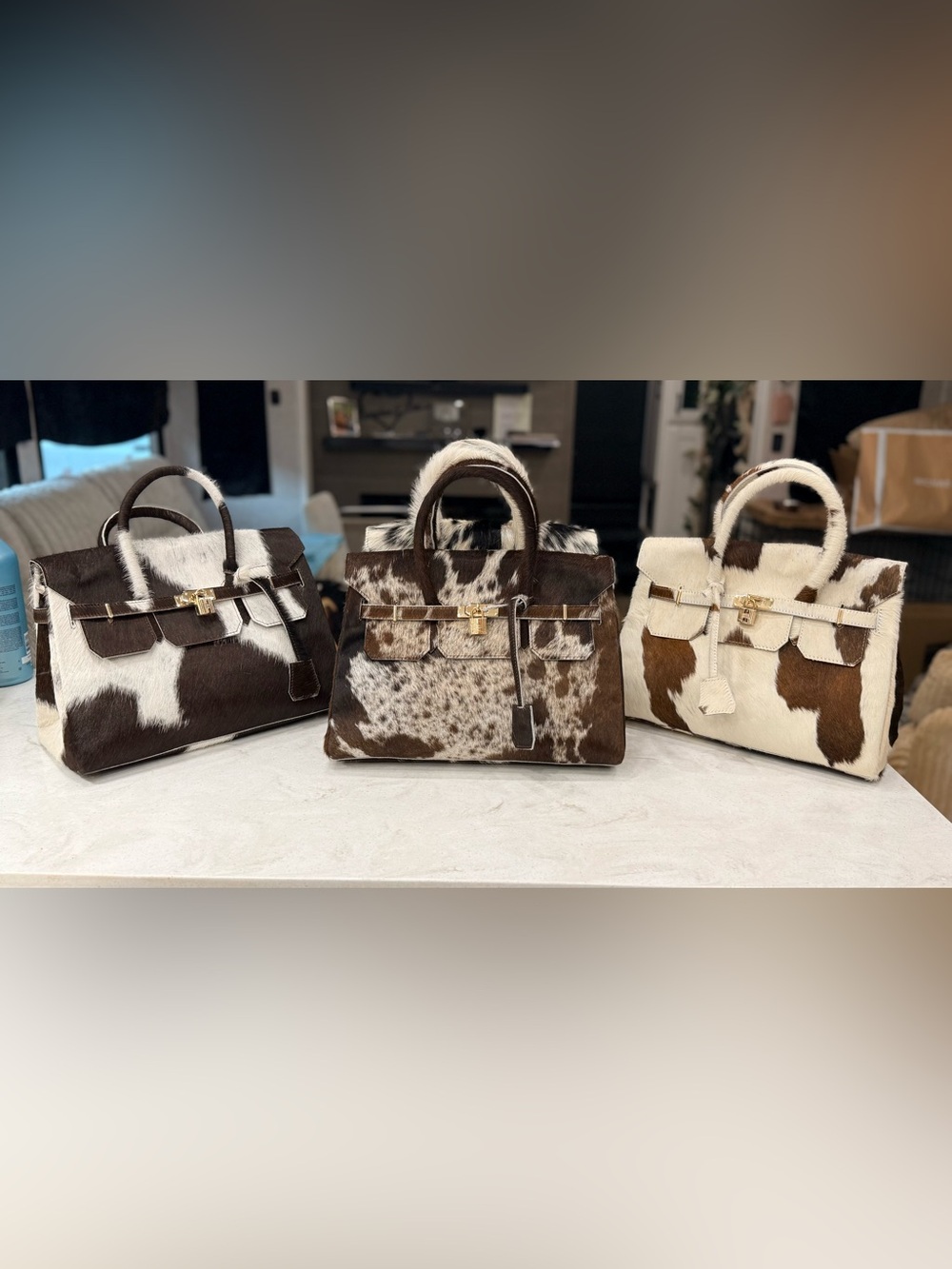 Genuine Brown & White Cowhide Handbag | Gold Hardware - Picture 5 of 6